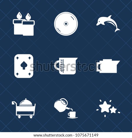 Premium set with fill icons. Such as restaurant, liquid, night, cup, play, food, disk, astronomy, animal, caffeine, decoration, fire, dolphin, wax, star, game, water, dvd, record, compact, candle, tea