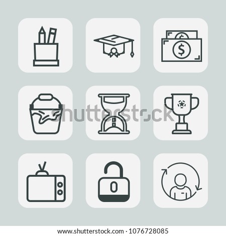 Premium set of outline icons. Such as finance, colorful, television, profile, security, victory, clean, sand, timer, lock, screen, competition, university, container, bucket, cash, education, money