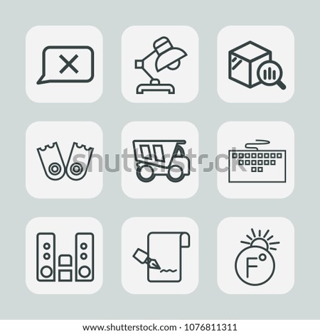 Premium set of outline icons. Such as sea, truck, sign, tipper, document, temperature, music, finance, technology, chat, dump, laptop, report, home, flipper, player, thermometer, statistic, decoration