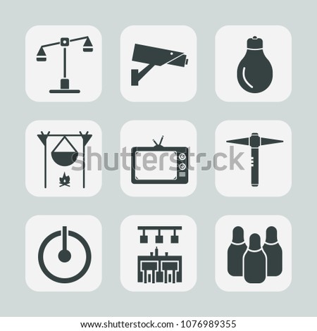 Premium set of fill icons. Such as bowling, hot, flame, campfire, sign, lamp, bar, electricity, off, television, digital, protection, judgment, lightbulb, electric, camera, cone, surveillance, energy