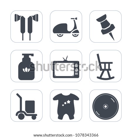 Premium fill icons set on white background . Such as kid, cargo, location, delivery, summer, chair, music, clothing, ride, sign, disc, audio, bike, soap, television, hygiene, baby, office, earphone