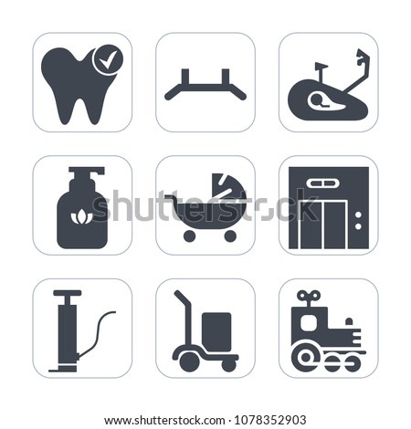Premium fill icons set on white background . Such as liquid, modern, hygiene, warehouse, dentistry, bicycle, health, dentist, pull, package, entrance, mouth, lift, pram, sign, kid, travel, cargo, up