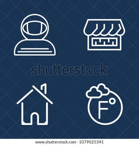 Premium set of outline vector icons. Such as home, storefront, awning, science, fahrenheit, curtain, housing, house, degree, measurement, real, estate, door, astronomy, astronaut, store, thermometer