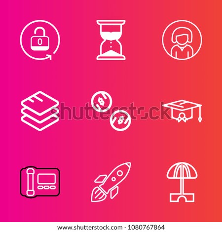 Premium set with outline vector icons. Such as protection, space, woman, umbrella, business, office, university, parasol, girl, lock, college, safe, education, phone, science, watch, open, launch, sun