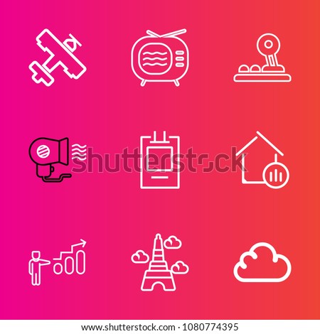 Premium set with outline vector icons. Such as cloud, travel, airplane, business, arrow, plane, france, white, television, development, landmark, fan, progress, paris, tuner, technology, aviation, fly