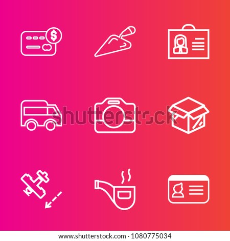 Premium set with outline vector icons. Such as purchase, card, female, camera, airplane, cash, box, tobacco, vintage, money, package, left, retro, name, classic, unpacking, identification, finance, id