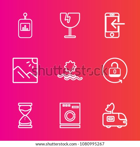 Premium set with outline vector icons. Such as phone, glass, keypad, equipment, sand, photo, pattern, destruction, hourglass, transfer, van, crack, laundry, antenna, nature, appliance, lock, unlock