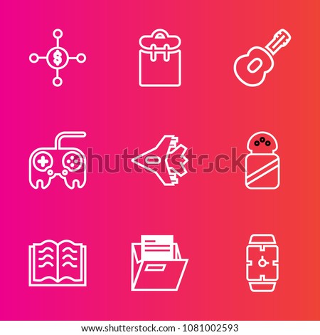 Premium set with outline vector icons. Such as money, ingredient, file, food, arrow, music, person, currency, technology, business, clock, web, finance, phone, spice, salt, guitar, time, musical, pass