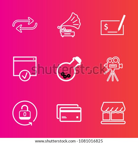 Premium set with outline vector icons. Such as substitute, music, debit, open, vintage, gramophone, shop, camera, pay, unlock, replacement, page, lock, check, equipment, medicine, movie, sign, banking