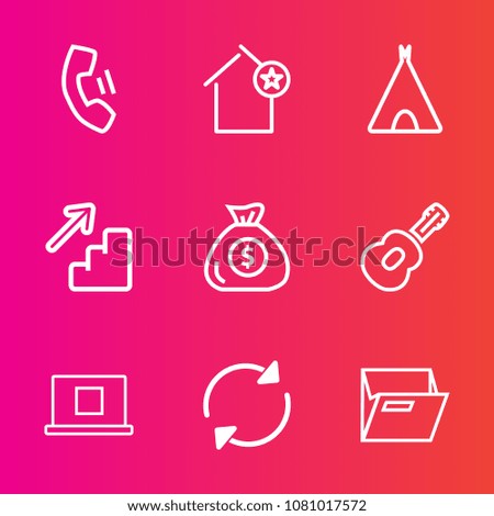 Premium set with outline vector icons. Such as financial, favorite, arrow, camp, business, blank, white, outdoor, folder, architecture, travel, cell, down, up, guitar, refresh, apartment, music, phone