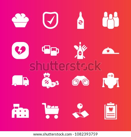 Premium set with fill vector icons. Such as alcohol, dental, broken, security, sport, drink, beer, house, ball, futuristic, heart, white, cake, dentistry, food, map, cyborg, bottle, location, lollipop