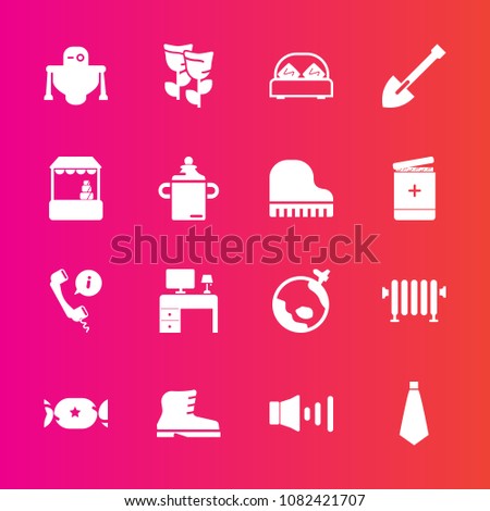 Premium set with fill vector icons. Such as flight, home, footwear, floral, double, blossom, android, sweet, call, futuristic, nature, spring, robot, volume, tie, travel, plane, work, food, furniture