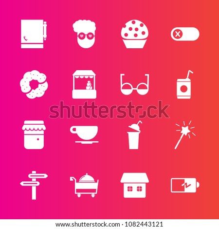 Premium set with fill vector icons. Such as style, battery, off, sweet, honey, energy, notebook, hipster, power, beverage, wand, retro, food, dessert, full, home, market, cappuccino, fashion, banner