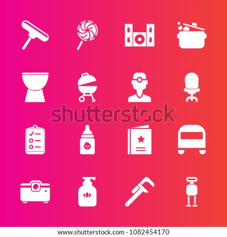 Premium set with fill vector icons. Such as music, technology, hygiene, transport, android, industrial, kitchen, reparation, barbecue, bus, favorite, check, projector, lollipop, liquid, sign, brush
