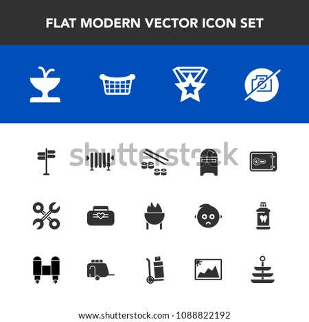 Modern, simple vector icon set with fountain, bank, industrial, boiler, hot, safe, fish, money, street, service, architecture, home, envelope, mail, direction, award, seafood, picture, heater icons