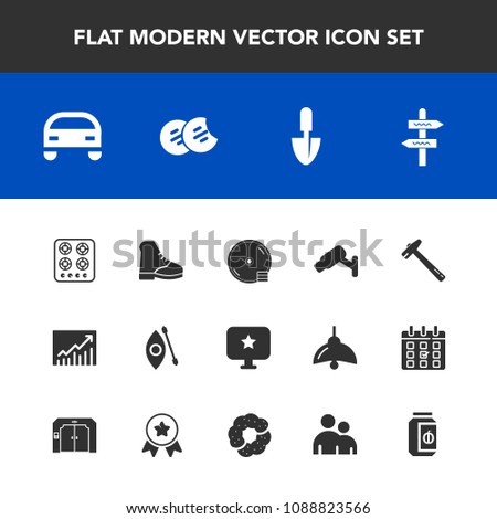 Modern, simple vector icon set with arrow, computer, dessert, disk, tool, kitchen, water, surveillance, car, disc, security, equipment, graph, shovel, gas, stove, business, vehicle, hammer, star icons