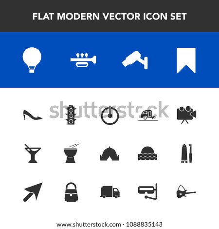 Modern, simple vector icon set with equipment, caravan, vacation, tent, projector, journey, juice, projection, surveillance, traffic, sign, trumpet, outdoor, travel, sound, fashion, jump, screen icons