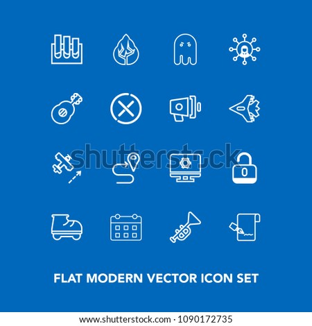 Modern, simple vector icon set on blue background with document, plane, musical, map, pen, navigation, day, airplane, landscape, road, calendar, lock, open, computer, timetable, route, paper icons