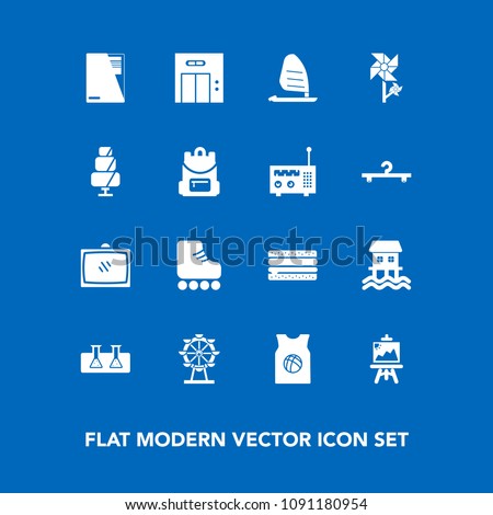 Modern, simple vector icon set on blue background with leisure, science, team, file, ocean, modern, skating, carousel, spring, london, elevator, sign, cheeseburger, sandwich, entrance, drawing icons