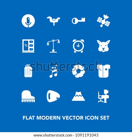 Modern, simple vector icon set on blue background with home, play, piano, interior, clothing, work, furniture, microphone, mountain, cabinet, fashion, business, landscape, travel, horse, child icons