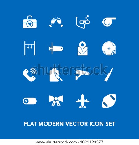 Modern, simple vector icon set on blue background with scuba, surveillance, fork, fashion, turn, drink, ball, referee, cutlery, call, security, red, airplane, button, suit, mask, switch, object icons