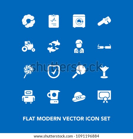 Modern, simple vector icon set on blue background with award, spaceship, table, tennis, cocktail, cake, spacecraft, housework, technology, machine, kitchen, android, candy, achievement, ufo, bar icons