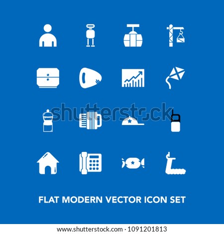 Modern, simple vector icon set on blue background with android, candy, car, food, robot, telephone, hammer, equipment, gym, lollipop, house,   cleaner, treadmill, mobile, sweet, technology icons
