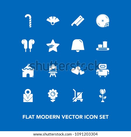 Modern, simple vector icon set on blue background with castle, building, medieval, meat, album, cyborg, spring, flower, location, architecture, scale, love, nature, android, music, shipping, axe icons