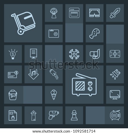 Modern, simple, dark vector icon set with game, cream, horse, chicken, tv, wireless, handle, craft, snack, strategy, television, travel, airport, meal, ball, signal, dessert, music, screen, list icons