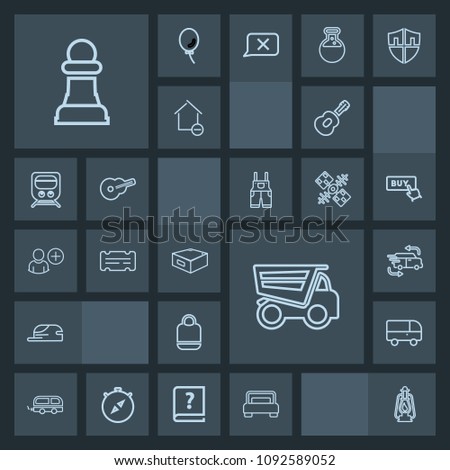 Modern, simple, dark vector icon set with transportation, dump, game, object, bag, bedroom, chessboard, entertainment, musical, bus, fashion, cap, style, horse, travel, fast, lamp, bed, truck icons