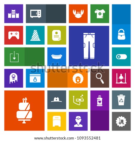 Modern, simple, colorful vector icon set with delivery, pants, chemistry, off, dessert, deactivate, play, fashion, sheriff, scuba, laboratory, mask, bed, dinner, sausage, cargo, research, pie icons