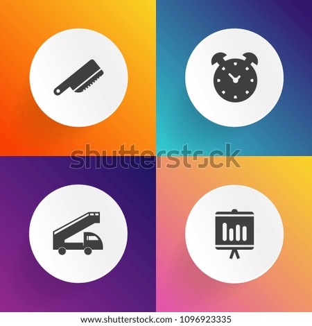 Modern, simple vector icon set on gradient backgrounds with minute, airport, knife, spoon, sign, utensil, graph, hour, watch, timer, template, document, kitchen, time, truck, alarm, chart, car icons