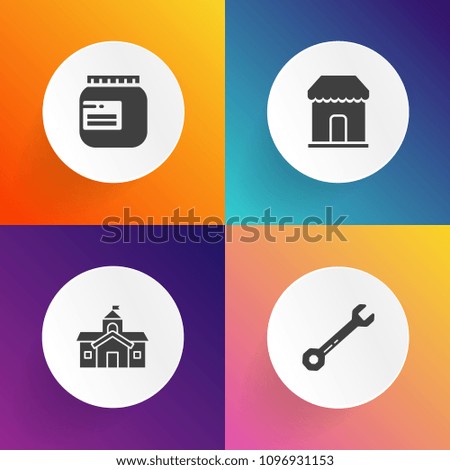 Modern, simple vector icon set on gradient backgrounds with metal, screwdriver, sign, store, exterior, hammer, wrench, money, tool, industry, discount, glass, container, bank, shop, office, food icons