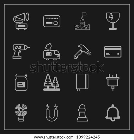 Modern, simple vector icon set on dark background with notebook, record, money, technology, lighthouse, chess, horse, card, pole, sea, notification, book, page, music, chessboard, bell, plug icons