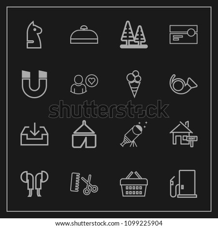 Modern, simple vector icon set on dark background with astronomy, horse, professional, chessboard, game, suitcase, bag, travel, oil, nature, chess, fuel, luggage, basket, shop, fashion, music icons