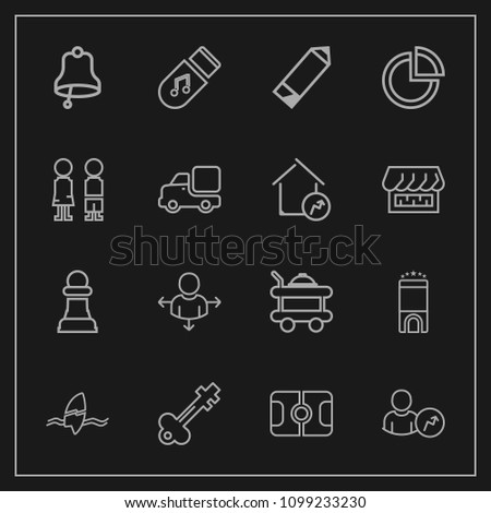 Modern, simple vector icon set on dark background with old, game, tropical, ring, road, storage, business, surfer, bell, alarm, sound, soccer, horse, girl, pen, sport, key, chart, pie, luxury icons