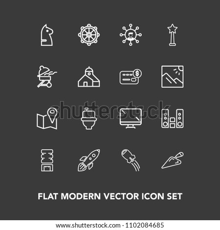 Modern, simple vector icon set on dark background with player, monitor, location, pin, music, spaceship, horse, container, space, shuttle, digital, road, shovel, audio, nautical, chess, medal icons