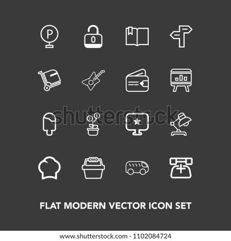 Modern, simple vector icon set on dark background with open, ice, bus, cream, table, telephone, money, chief, arrow, security, move, click, growth, communication, highway, book, road, food, chef icons