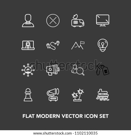 Modern, simple vector icon set on dark background with technology, gramophone, horse, megaphone, van, online, record, ship, sign, account, nature, sea, announcement, close, house, internet, palm icons