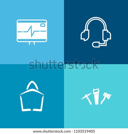Modern, simple vector icon set on colorful background with tool, , shop, equipment, wave, medicine, operator, sign, technology, repair, entertainment, center, pulse, retail, headset, saw, store icons