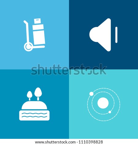 Modern, simple vector icon set on colorful background with industry, sign, system, saturn, cake, cargo, earth, shipping, loud, dessert, volume, sound, music, player, weight, universe, transport icons