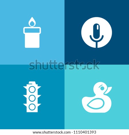 Modern, simple vector icon set on colorful background with heat, celebration, flame, bath, road, web, musical, rubber, record, candle, duck, decoration, wax, play, transportation, microphone icons