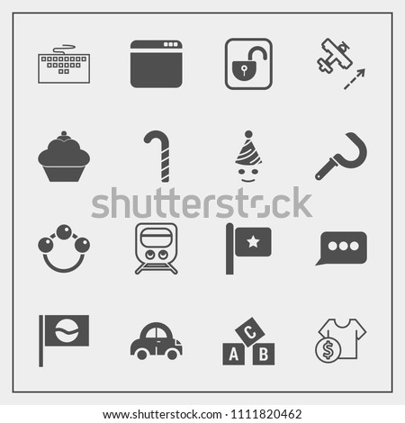 Modern, simple vector icon set with toy, open, internet, car, lock, train, flag, infant, railway, browser, nation, airplane, keyboard, asia, japan, website, speech, security, shop, sign, abc icons