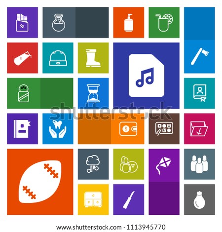 Modern, simple, colorful vector icon set with internet, dessert, clock, garbage, idea, light, box, power, ball, game, technology, time, bowling, sound, spice, football, wallet, stadium, network icons