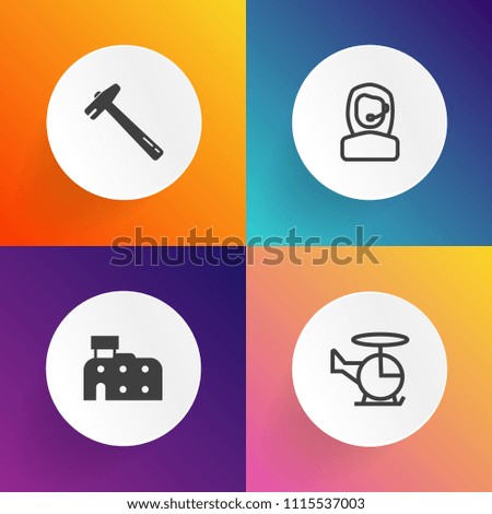 Modern, simple vector icon set on gradient backgrounds with aircraft, construction, headset, building, structure, flight, work, architecture, pliers, hammer, support, equipment, bank, toolbox icons