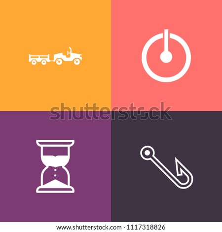 Modern, simple vector icon set on colorful background with sand, timer, fishing, switch, electric, control, water, equipment, catch, hook, push, flow, time, bait, transportation, minute, off icons