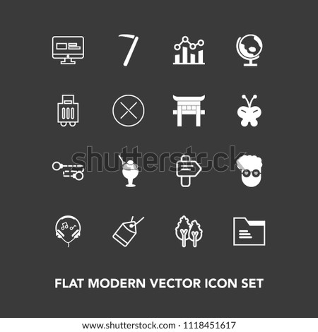 Modern, simple vector icon set on dark background with retro, chain, cream, paper, spanner, trend, tag, tool, finance, chart, file, office, forest, wrench, way, graph, website, dessert, blank icons