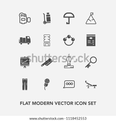 Modern, simple vector icon set with rain, camera, clothing, key, speech, pants, house, shipping, fork, nature, cargo, sound, cutlery, truck, weather, document, stationery, report, music, fashion icons