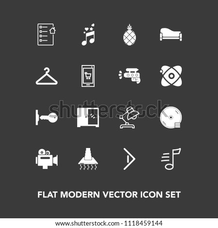 Modern, simple vector icon set on dark background with couch, exotic, sound, fresh, film, sofa, cabinet, hanger, cd, interior, note, right, document, house, camera, home, pineapple, handle, dvd icons