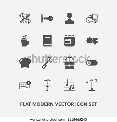 Modern, simple vector icon set with key, profile, hat, off, space, note, food, global, judge, account, vehicle, white, communication, satellite, currency, transportation, house, law, sound, chef icons